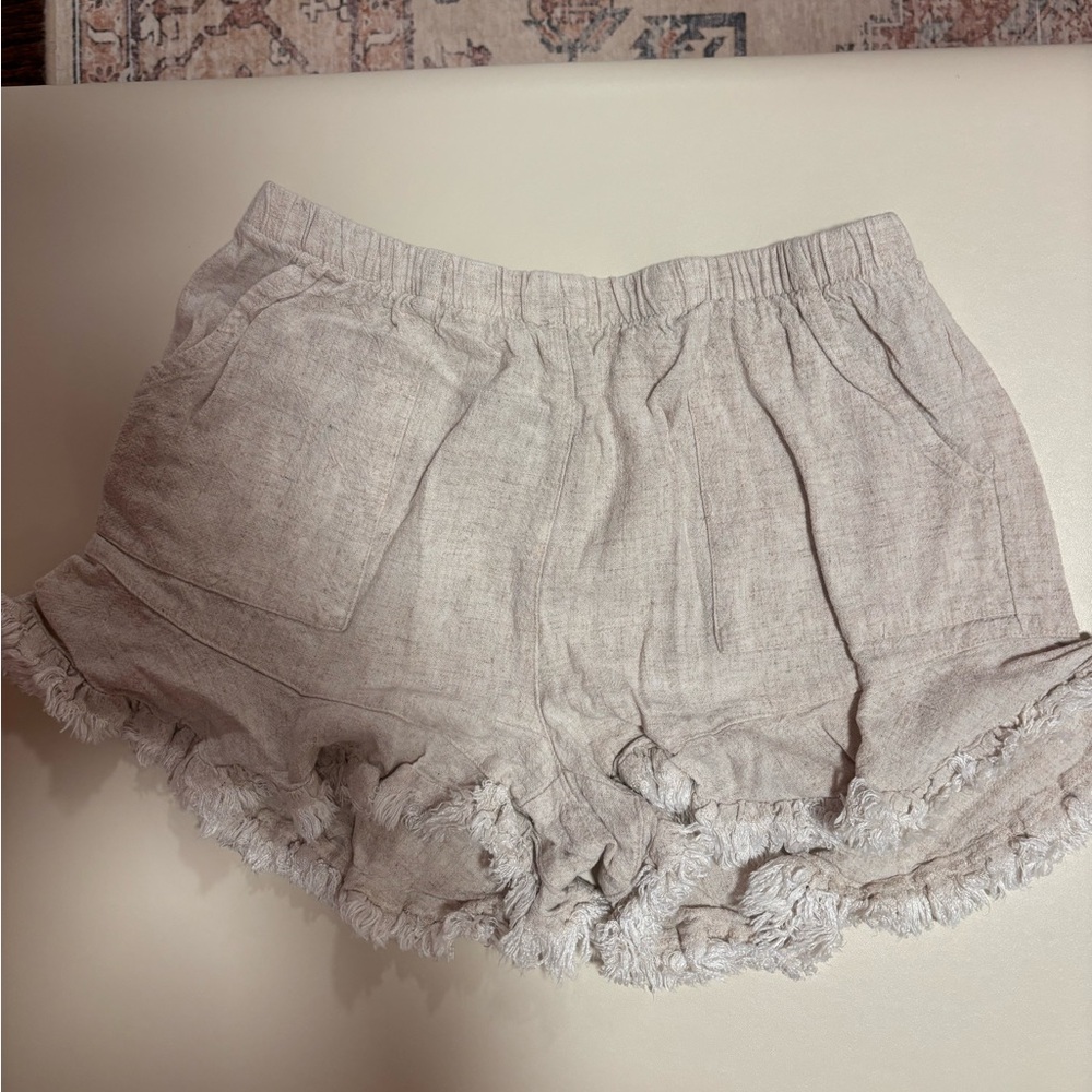 Neutral Fringe Linen-Blend Women’s Elastic Waist Shorts